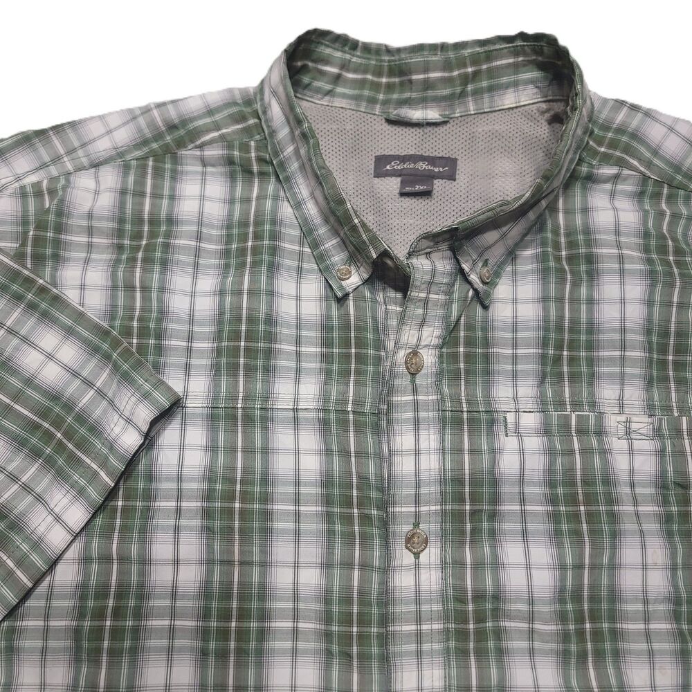 Eddie Bauer Mens 2XL Shirt Short Sleeve Button Up Pocket Green Plaid